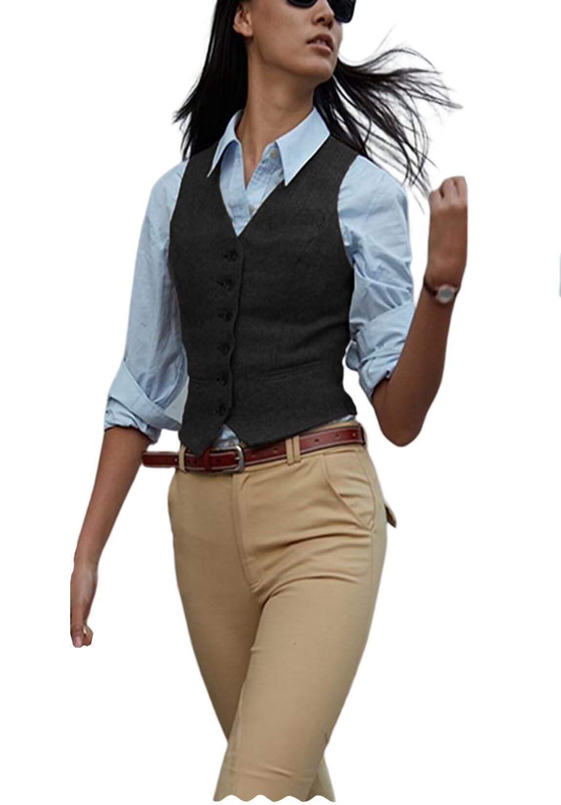 Photo 1 of Women's Herringbone Tweed Waistcoat Slim Fit V-Neck Dressy Suit Vest