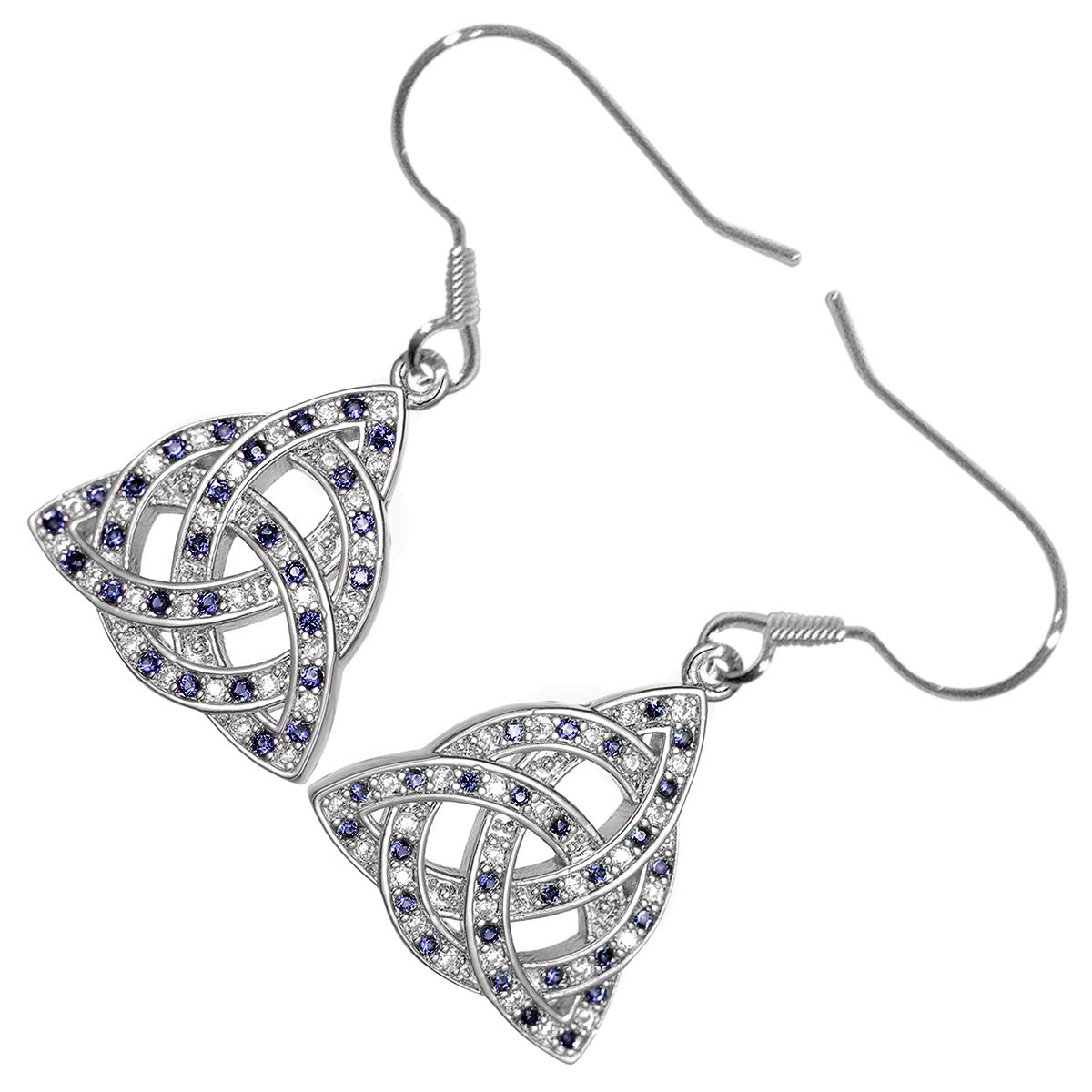 GWG Jewellery 18K White Gold Coated Celtic Trinity Knot Interlaced with Circle Ornated with Sapphire Blue Stones Earrings in Gift Box for Women
