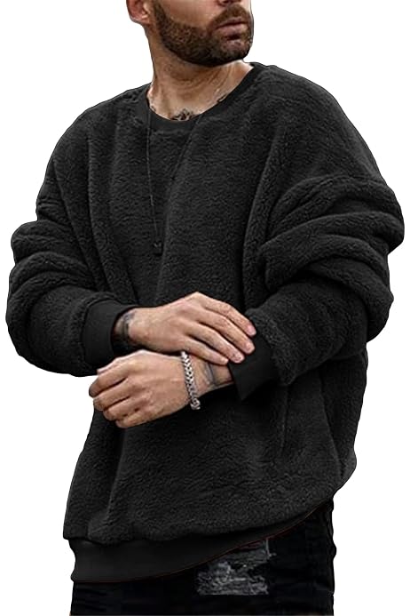 Mens Fuzzy Sherpa Sweatshirt Long Sleeve Fluffy Crew Neck Pullover Cozy  Basic Unisex Fall Winter Warm Tops Black at Amazon Men's Clothing store