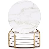 White Marble Coasters Set of 6 Best Round Ceramic Absorbent Coasters with Holder Coffee Cup Coaster Modern Drink Coaster for Bar, Table, Desk