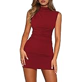 Pungdra Women's Sexy Mock Neck Dress for Women Sleeveless Ruched Bodycon Dresses Turtle Neck Cocktail Party Mini Dress