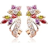 BISAER Rose Gold Plated Star Stud Earrings for Women, Trendy Unique Sparkly Multicolor CZ Flower Earrings Fashion Jewelry Gift for Ladies