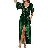 BerryGo Women's Velvet V Neck Wrap Fall Maxi Dress Formal Bell Sleeve Bridesmaid Cocktail Party Long Dresses