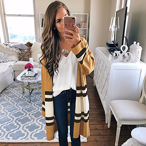 ZOMUSA Hot Sale Women Autumn Winter Long Sleeve Loose Casual Striped Sweater Cardigan Coat (Free Size, Khaki)