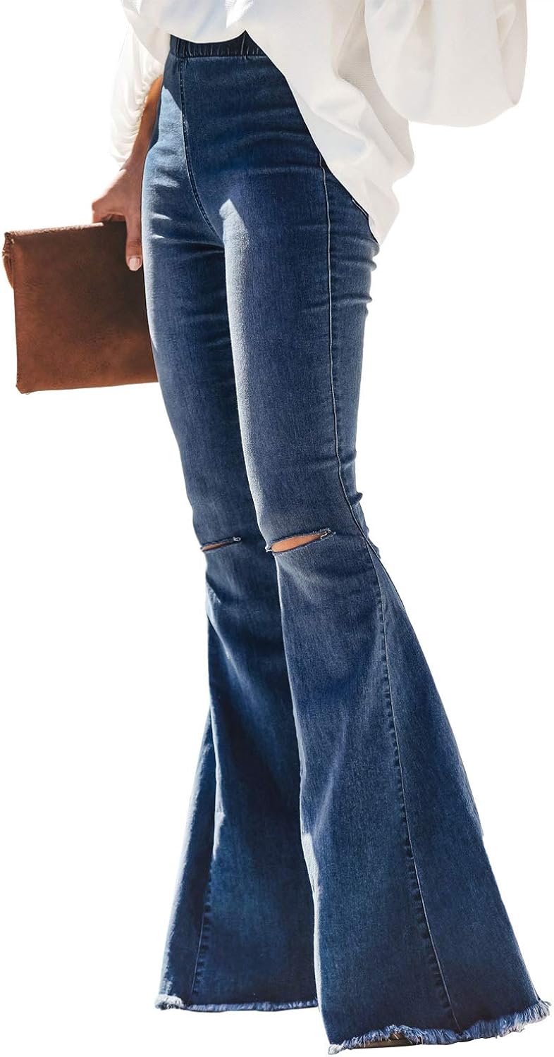 Sidefeel Women Destoryed Flare Jeans Elastic Waist Bell Bottom Raw Hem Denim Pants at  Women's Jeans store