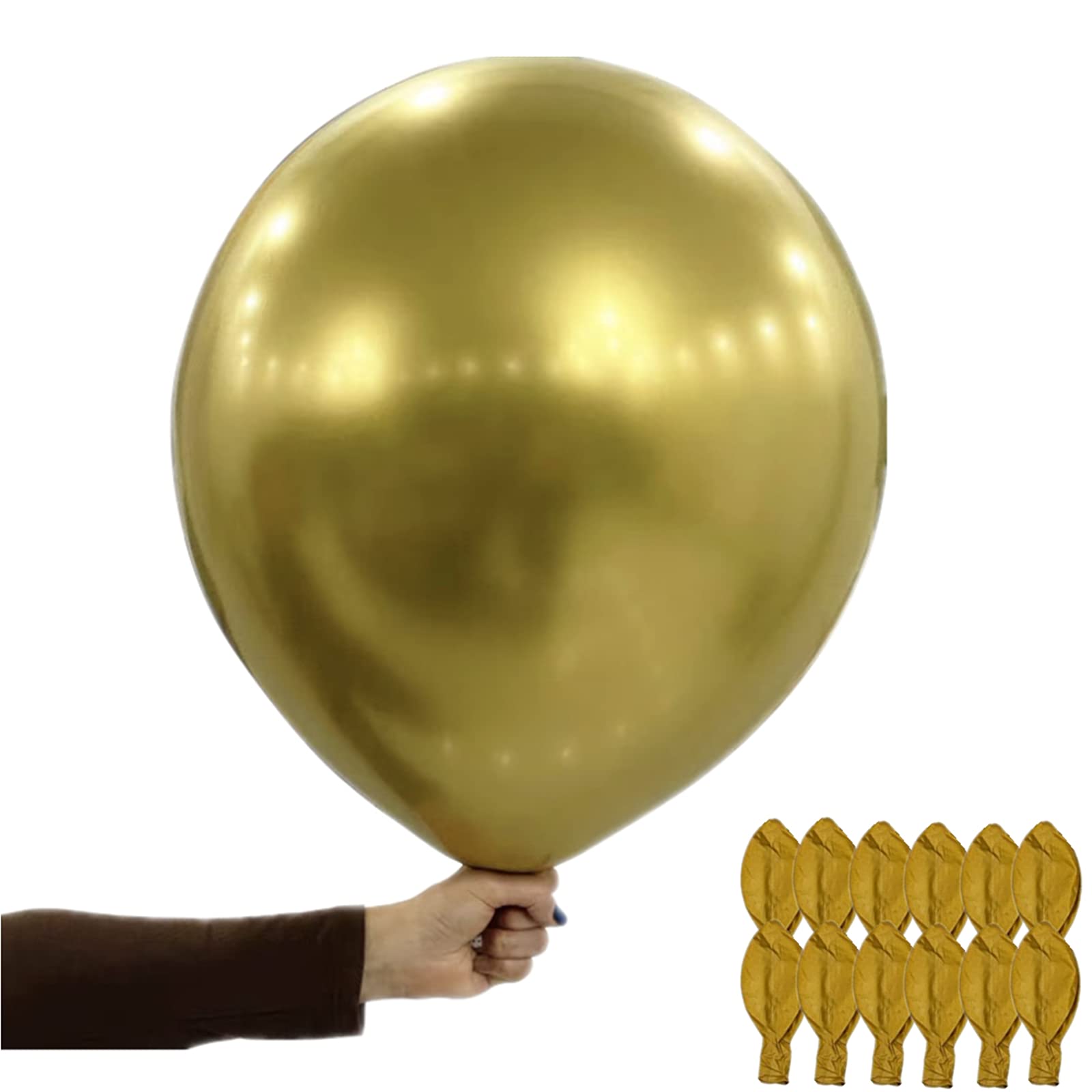 12 Pc 18 Inch Golden Metallic Balloons, Chrome Latex, Colorful Party Balloons for Wedding, Birthday, Halloween, Christmas & Baby Showers