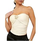 Floerns Women's Rhinestone 3D Floral Sleeveless Bandeau Ruched Strapless Tube Top