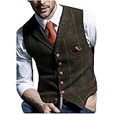 Aesido Casual Men's Vest for Wedding Plaid Soft Wool Tweed Waistcoat for Groosmen Best Man