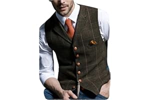 Aesido Casual Men's Vest for Wedding Plaid Soft Wool Tweed Waistcoat for Groosmen Best Man