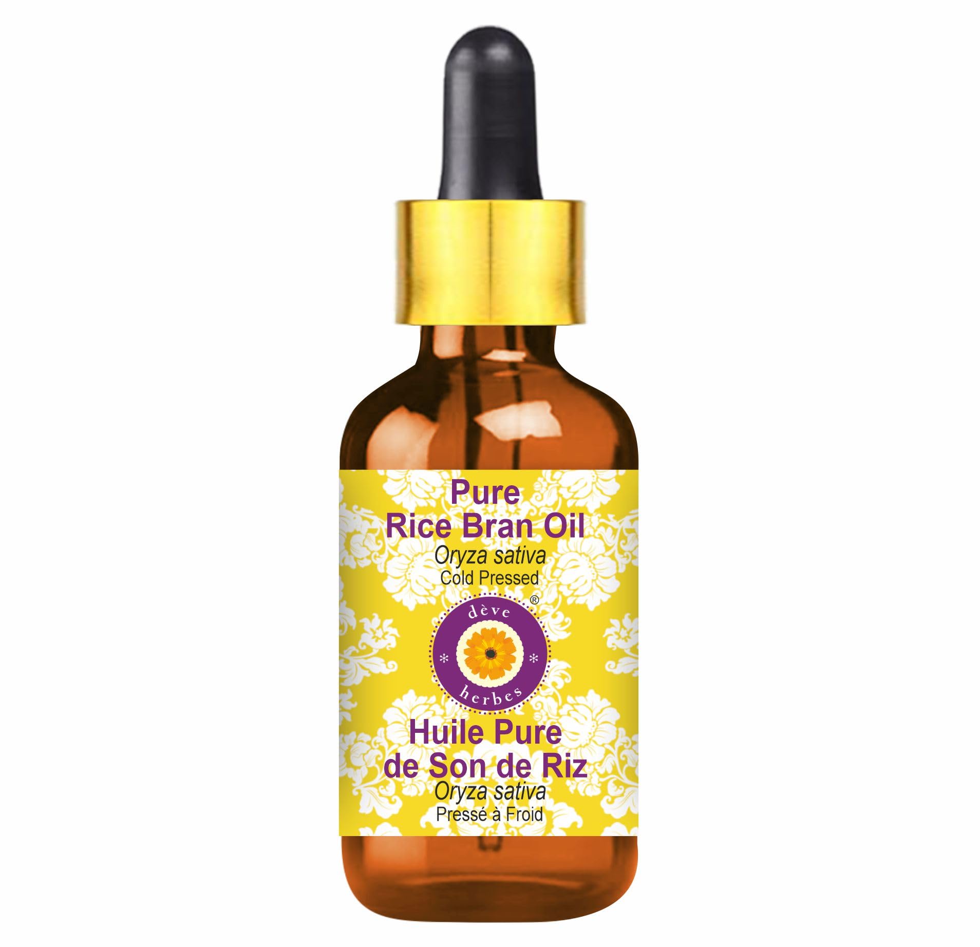 Deve Herbes Pure Rice Bran Oil (Oryza sativa) Non-Sticky | Non-Greasy | For Skin, Hair, Massage & DIY Use | 30ml with Glass Dropper