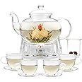 GURUDAR Glass Teapot Set, 34OZ/1000ML Glass Tea Kettle with Loose Tea Infuser & Warmer, 5oz/150ML Tea Cup & Saucer Set of 4, Stovetop & Microwave Safe Tea Maker, Blooming Tea Gift Set For Women