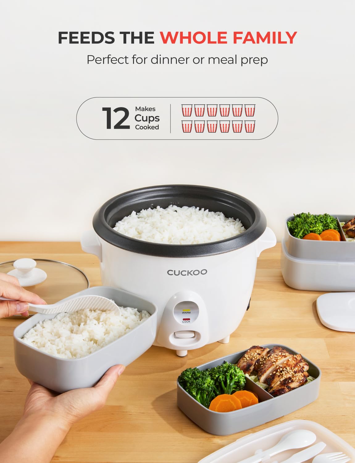 CUCKOO One Touch Rice Cooker 12-Cup Cooked, Small Rice Cooker & Warmer with Steamer Tray, Versatile Grain Cooker, Soup Maker, Auto Keep Warm, 6-Cup Uncooked, White (CR-0601C)