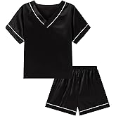 DIPUG Girls Pajamas Set Silky Satin Short Sleeve V Neck Pjs Soft Homewear Sleepwear 6-12 Years