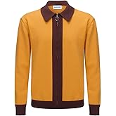 OXKNIT Men's Knit Polo Shirts Full Zip 1960s Style Retro Long Sleeve Cotton Yellow Cardigan Sweater