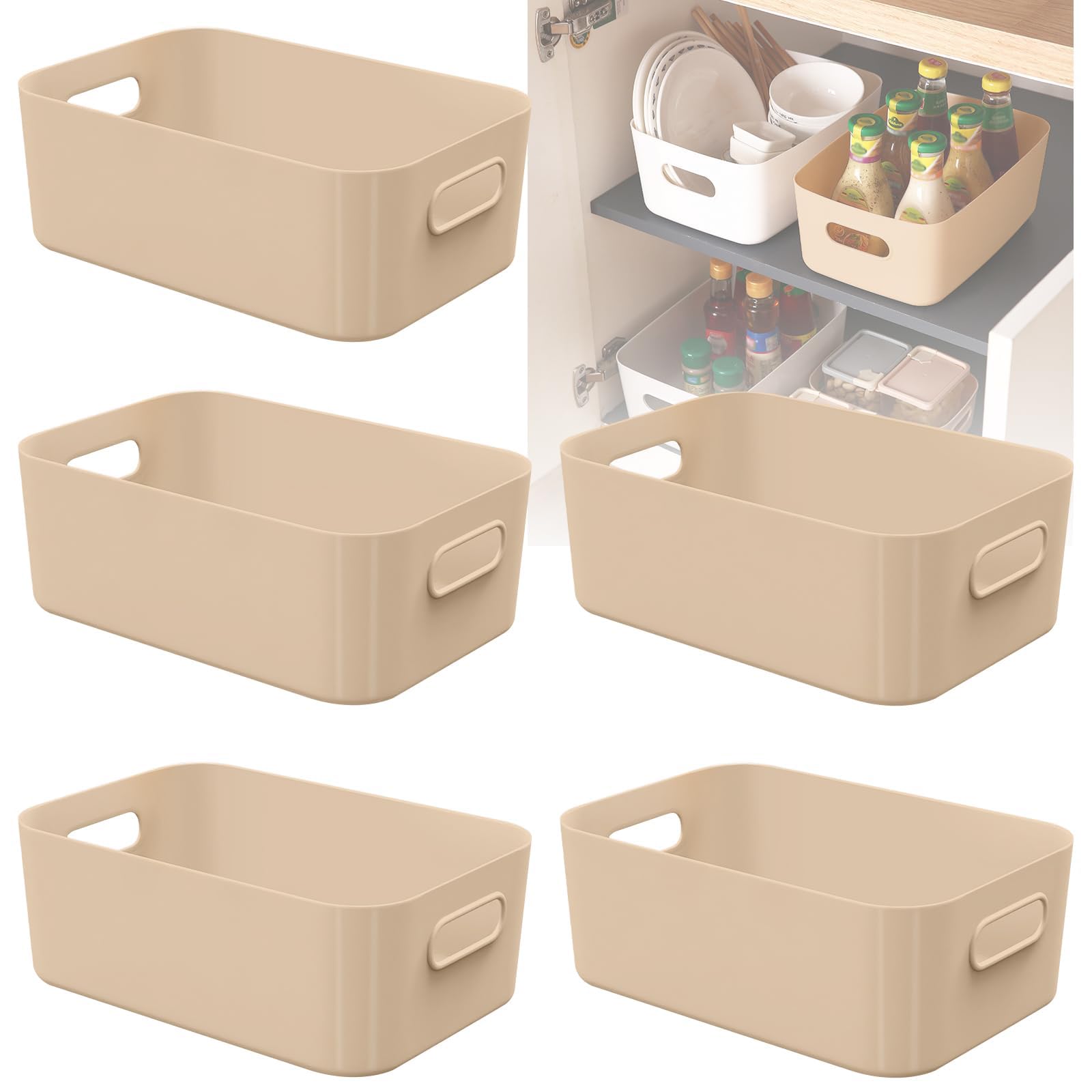 W&H 5 PCS Beige Plastic Storage Boxes, Small Open Storage Boxes with Handle, Home & Kitchen Organiser, Plastic Cupboard Baskets for Shelves, Bathroom, Toy, Bedroom - 21×14×7cm — image 1