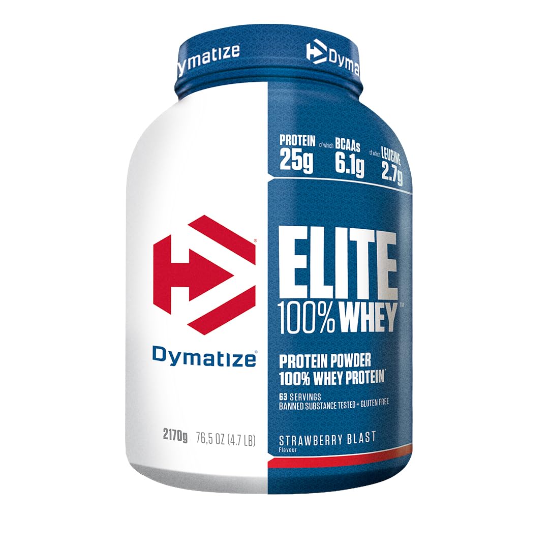 Dymatize Elite 100% Whey Strawberry Blast 2170g - High Protein Low Sugar Powder + Whey Protein and BCAAs