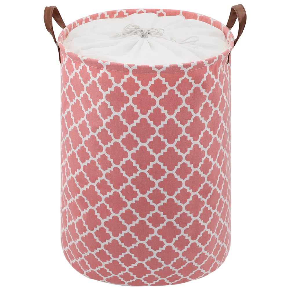 Maxsilan 60L Large Laundry Basket with Drawstring, Collapsible Laundry Hamper with Handle, Round Folding Washing Storage for Bedroom, Bathroom, College Dorm, Pink