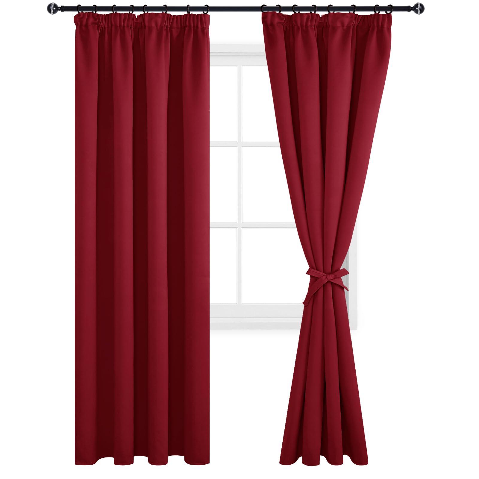 DWCN Blackout Curtains for Bedroom Thermal Insulated Curtains with Tiebacks Pencil Pleat Window Curtains for Living Room 55 x 96 inch Length, Red, 2 Panels