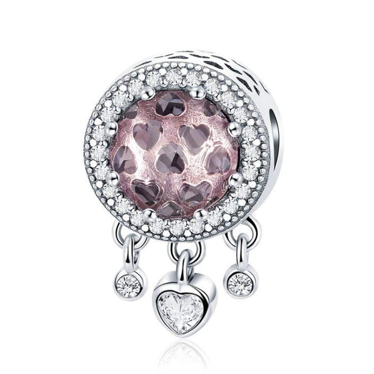 ZiNuo Charm Beads 925 Sterling Silver Love Heart Dreamcatcher Charm Green Blue Pink Crystal Birthstone Charms for Bracelets (Pink Heart Birthstone)