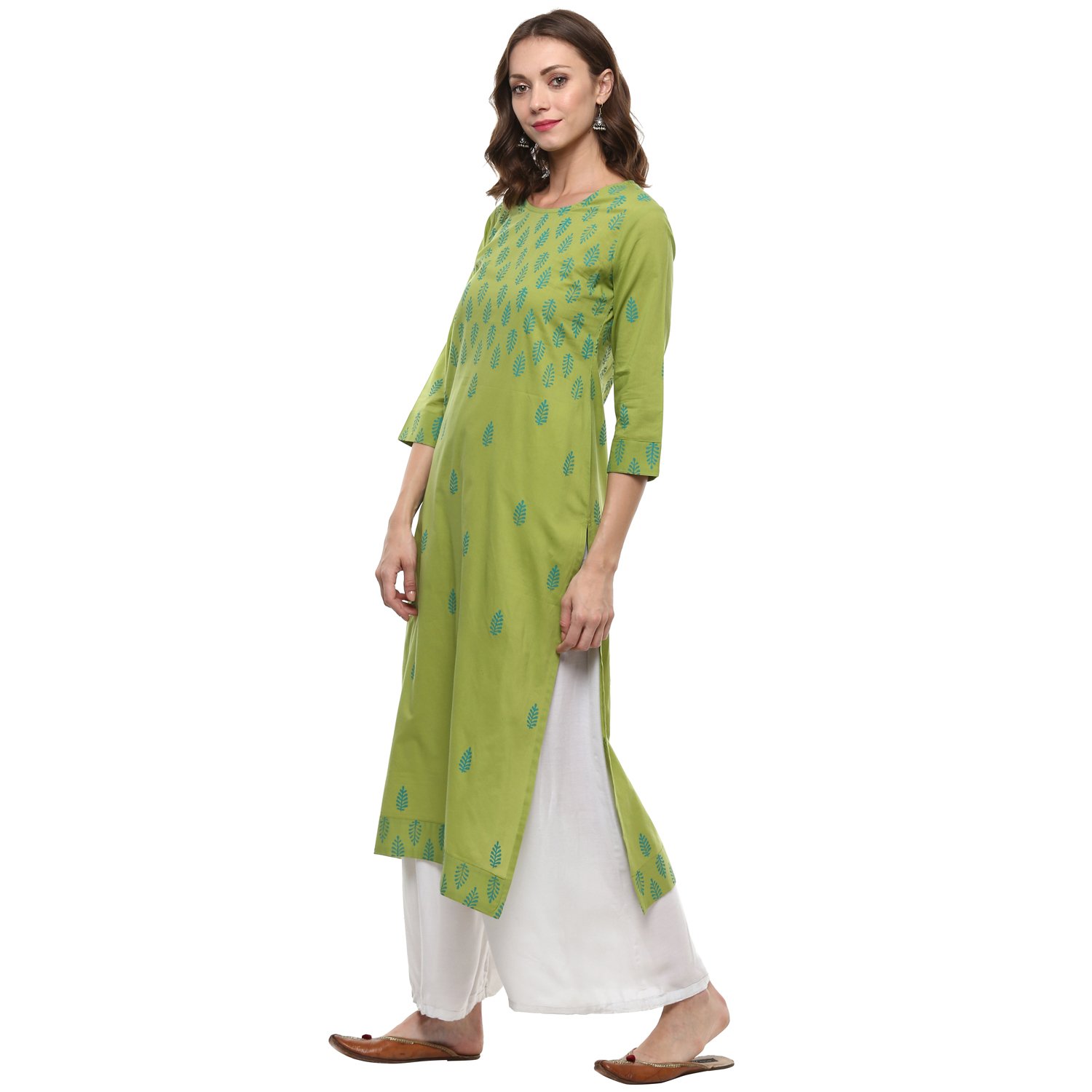 rajmandirfabrics women's cotton straight hand block printed kurti (mahendi)