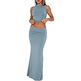 Alljoin Two Piece Skirt Set for Women Summer Going Out Outfits Sleeveless Crop Tank Tops and Sexy Bodycon Maxi Skirts Set