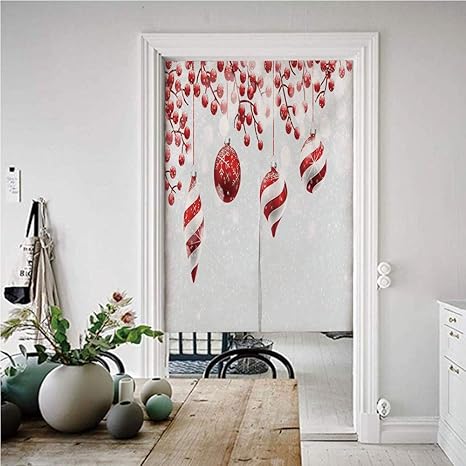 Amazon クリスマス のれん おしゃれ 遮光 幅85cm 丈150cm 伝統的な装飾アイコンホリーベリー枝と雪とボケ効果印刷装飾 和風暖簾べ麻風キチンリビングロングカーテン 赤白 のれん オンライン通販