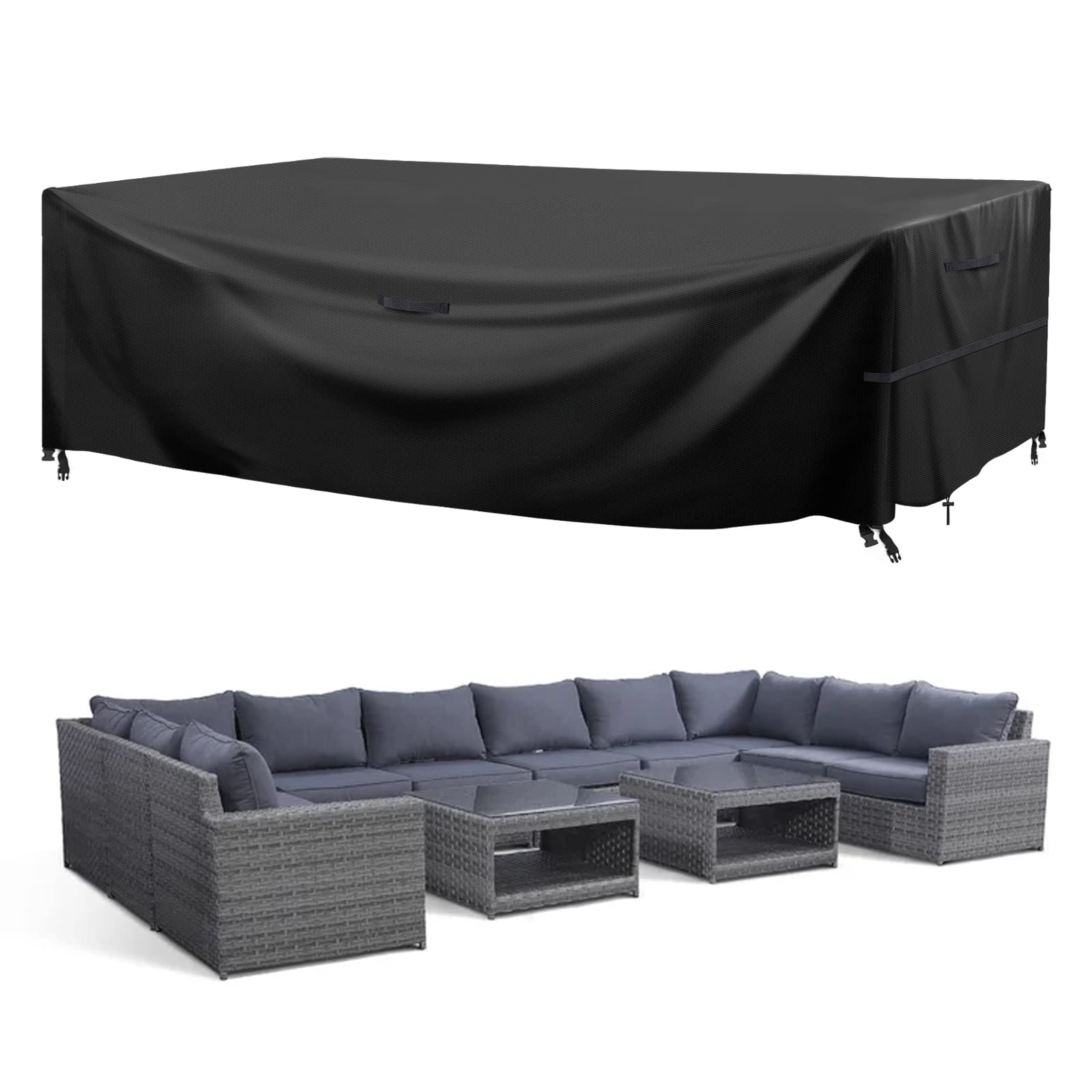 Garden Furniture Covers Waterproof, 280x205x106cm Oxford Fabric Outdoor Sofa Cover Windproof Sunproof with Handle Strap Drawstring Buckle for Garden Sofa, Table and Chair Set (Black, Rectangular)