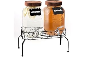 TIPGO 1 Gallon Drink Dispenser with Stand, 18/8 Stainless Steel Spigot - Airtight & Leakproof Glass Sun Tea Jar with Anti-Rust Lids, Drink Dispensers for Parties (Set of 2)