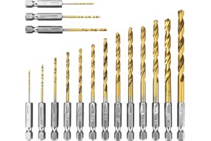 Saipor 16pcs Hex Shank Titanium Coated Twist Drills Bit Set 1.5-6.5mm High Speed Steel Quick Change Impact Driver Bit for Sof