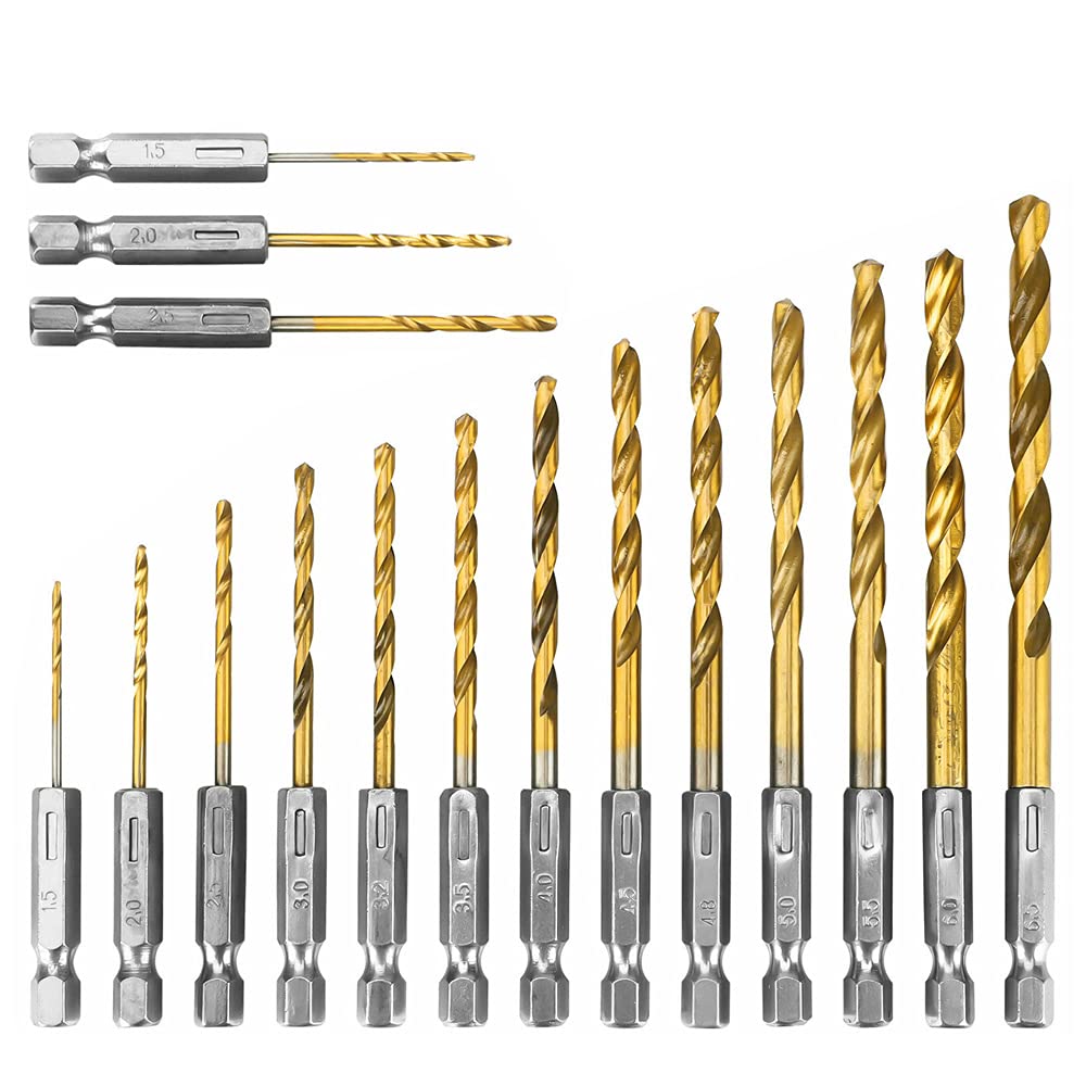 Saipor 16pcs Hex Shank Titanium Coated Twist Drills Bit Set 1.5-6.5mm High Speed Steel Quick Change Impact Driver Bit for Soft Metal, Wood, PVC and Plastic