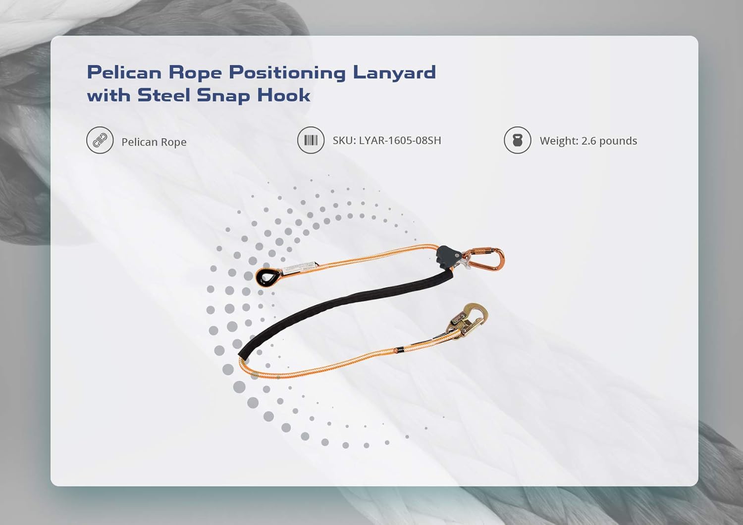 Pelican Rope Positioning Lanyard with Steel Snap Hook (1/2 inch x 8 feet) – Polyester Rope, Adjustable Lanyard, for Fall Protection, Arborist, Tree Climbers - - 