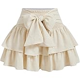 BEAUDRM Women's Bow Front Mini Skirt High Shirred Waist Layered Ruffle Hem Short Cake Skirts
