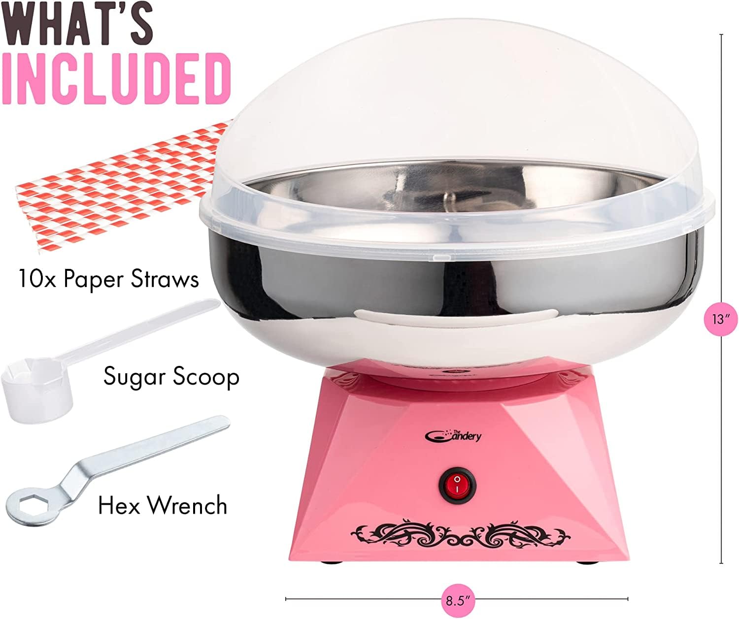 The Candery Cotton Candy Machine with Stainless Steel Bowl 2.0 and Floss Bundle- Use to Floss Sugar Floss Candy for Birthday Parties Fairs - Includes 3 Floss Sugar Flavors 12oz Jars and 50 Paper Cones