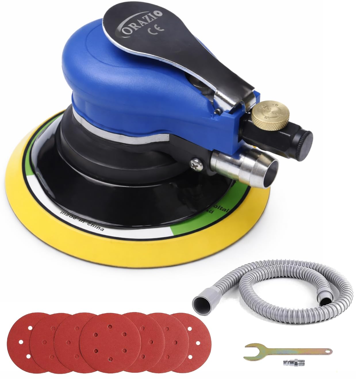 ORAZIO Air Randam Orbital Sander 6 Inch 150mm, Self Vaccum Dual Action Pneumatic Palm Orbit Sander Polisher Sanding Tool + 6 Pcs Sandpapers + Hose + Dust Collection Bag 212525