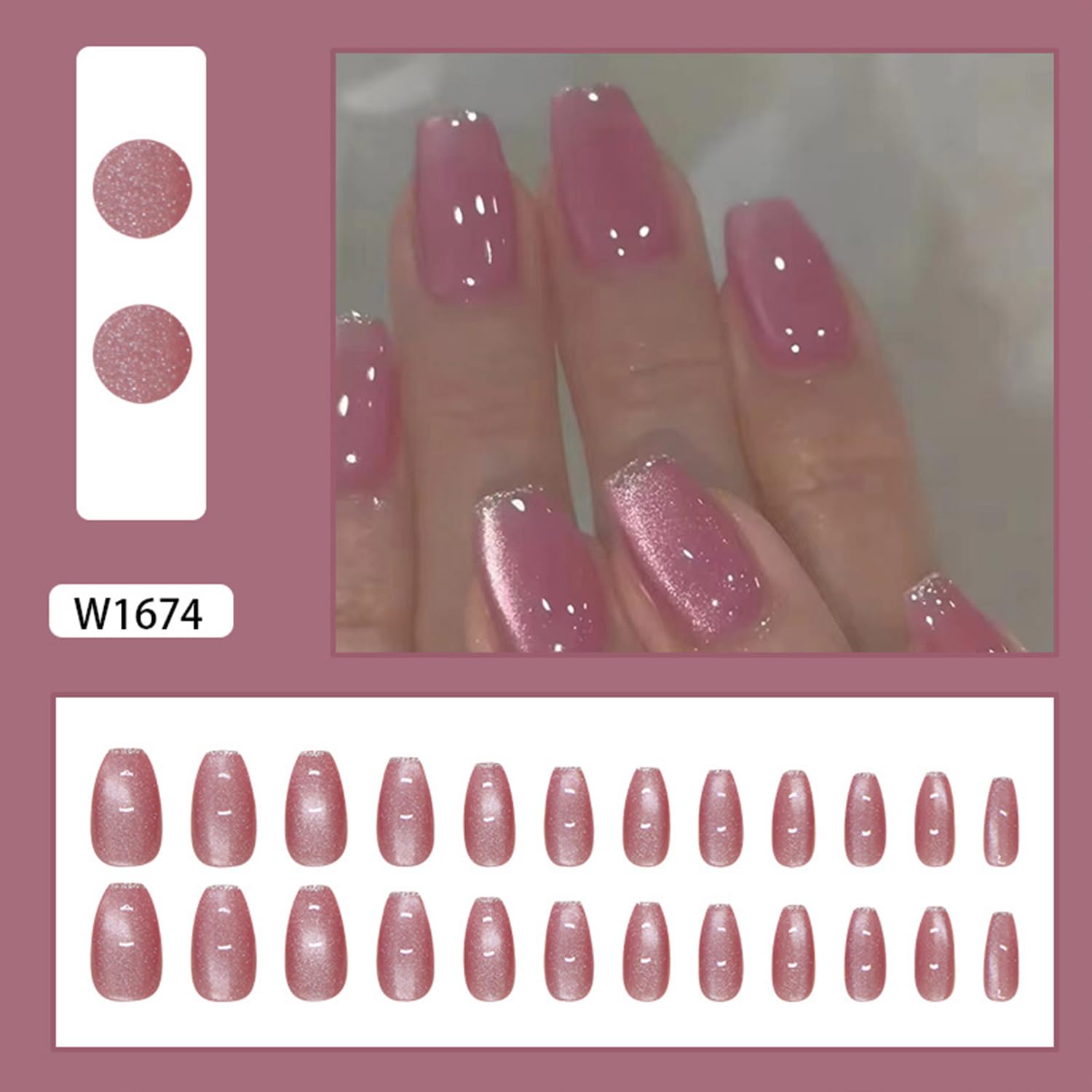 Tyuimhx Pink Cat Eye Press on Nails Medium Coffin Fake Nails Glossy False Nails With Glitter Designs Full Cover Stick on Nails Reusable Acrylic Artificial Nails for Women Glue on Nails 24 Pcs - Image 2