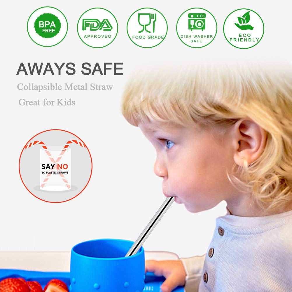 2 Pack Collapsible Reusable Straw, Foldable Stainless Steel Metal Straw with Case & Cleaning Brush, Portable Drinking Straw Set for Travel, Dishwasher Safe