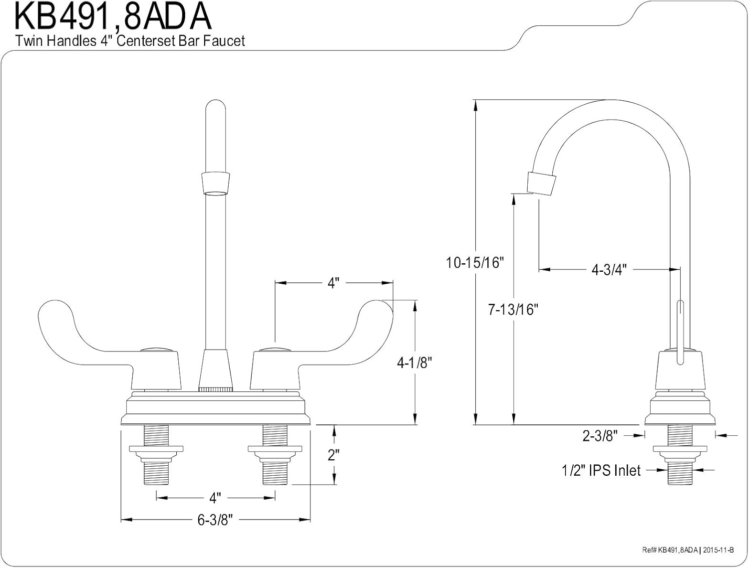 Kingston Brass 1062510 Magellan 4" Center Bar Faucet with Ada Blade Handle, 4-3/4", Polished Chrome - Bathroom Accessories - 