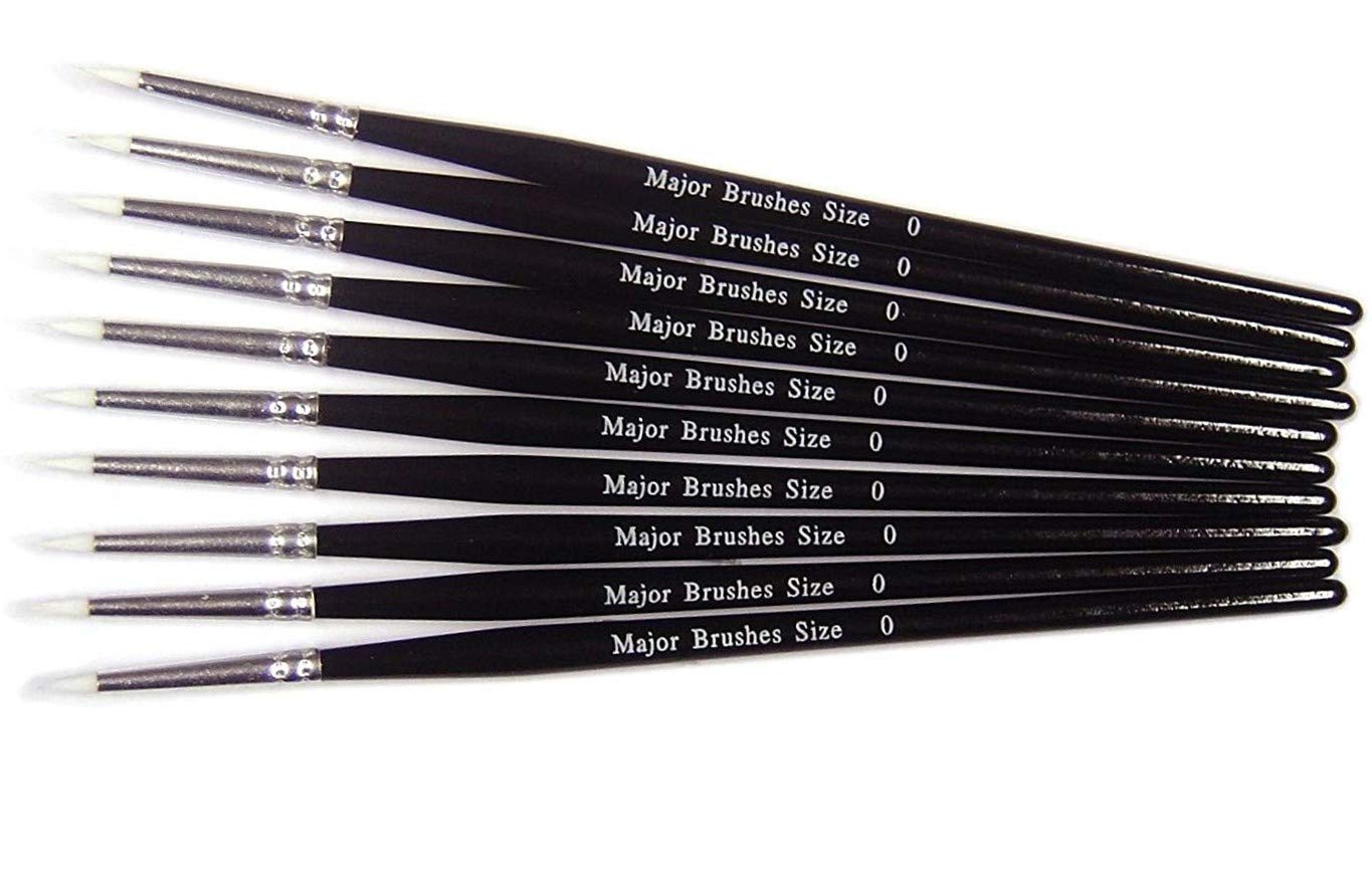 Pack of 10 White Synthetic Sable Substitute Size 0 Round Artist Acrylic Watercolour Brushes, Black Handle