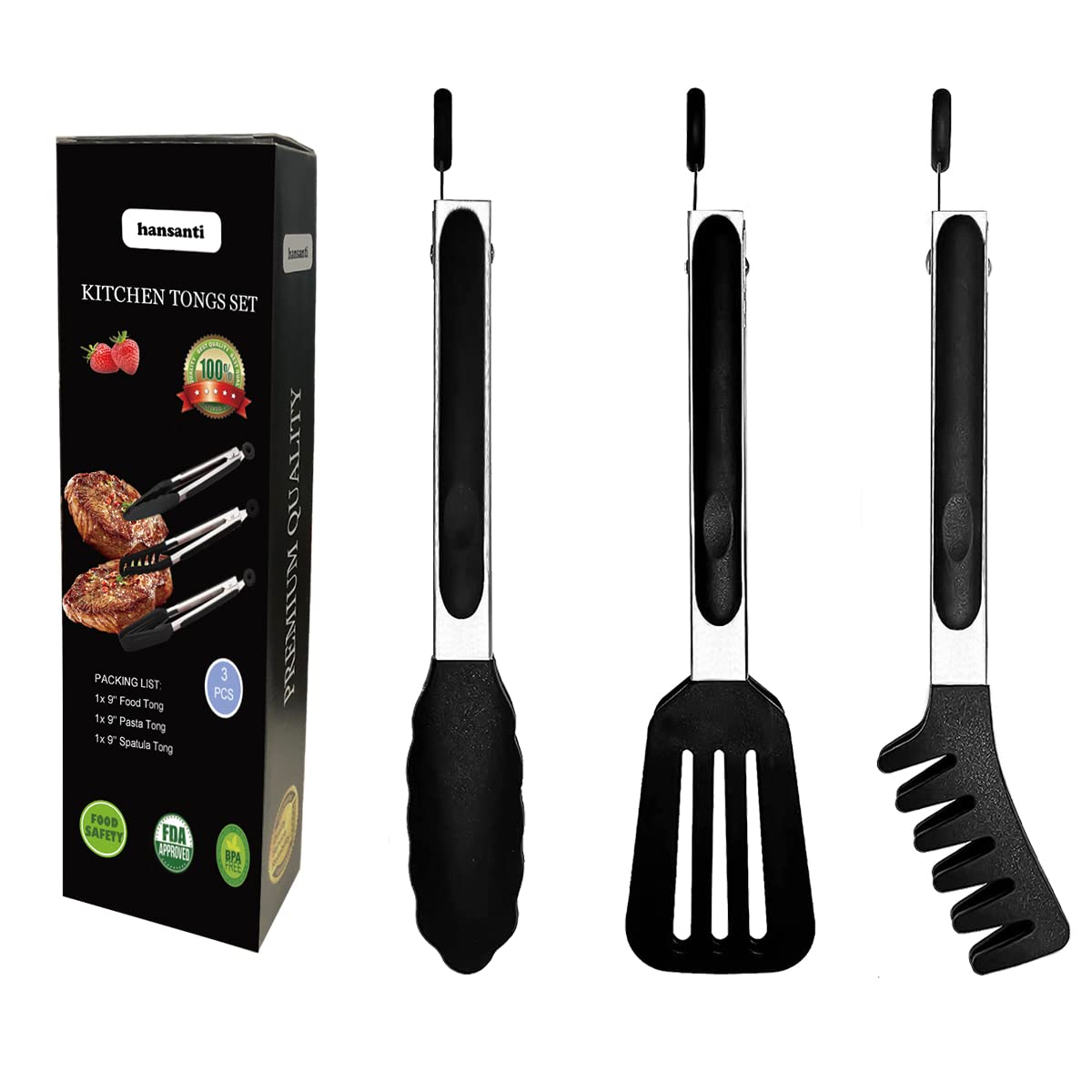 3in1 Silicone Kitchen Cooking Tongs Set, Stainless Steel Nonstick Food Tong with BPA Free Silicone Tips for Serving Spaghetti Steak Pizza Salad Vegetable Fruit Grilling BBQ Baking Buffet- (9