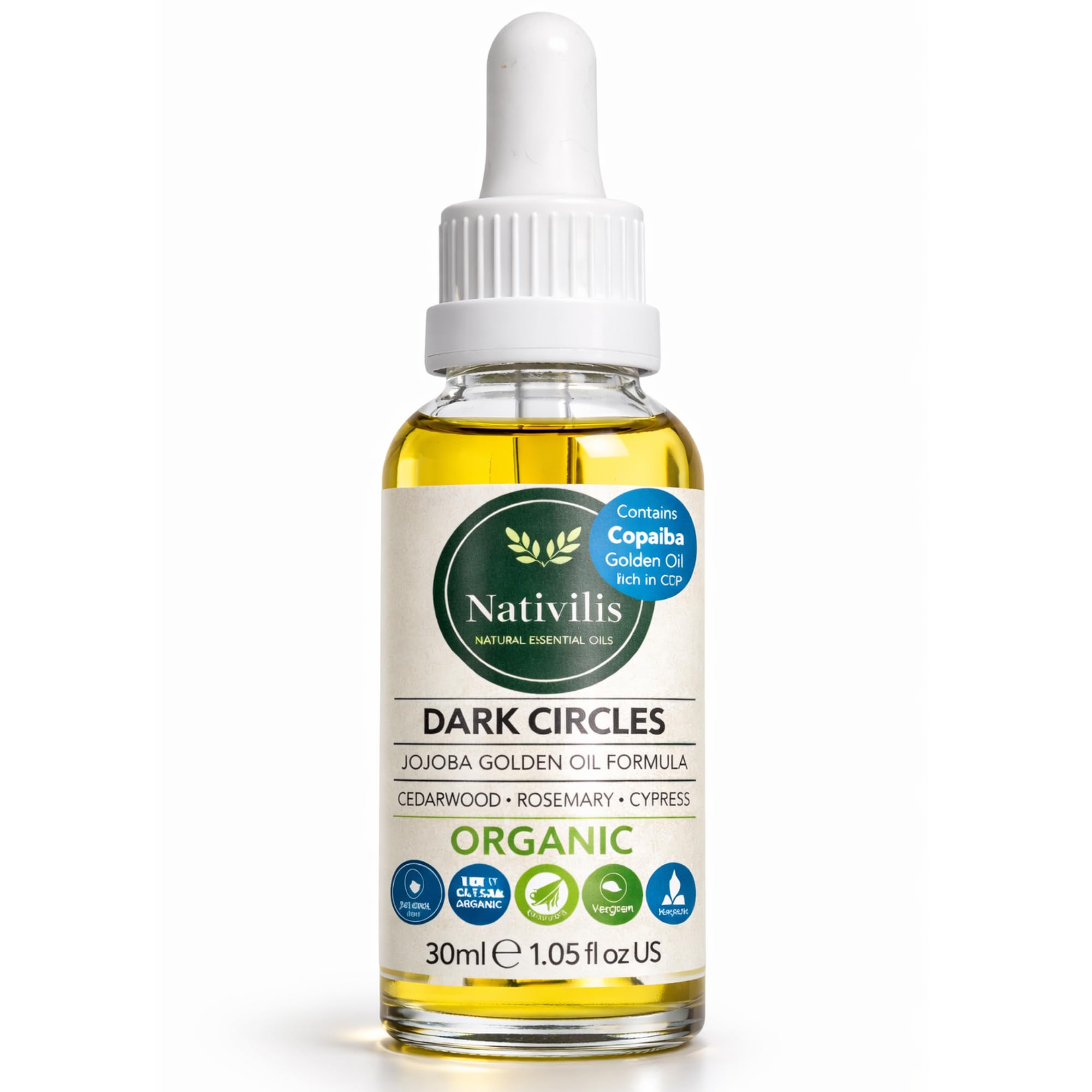 Nativilis ORGANIC Premium Jojoba Oil Serum COPAIBA Beta-caryophyllene Anti-Ageing Eye Dark Circles Puffiness Crows Feet Anti-Wrinkle Bags Saggy Skin Puffy Eyes Blended CEDARWOOD ROSEMARY CYPRESS