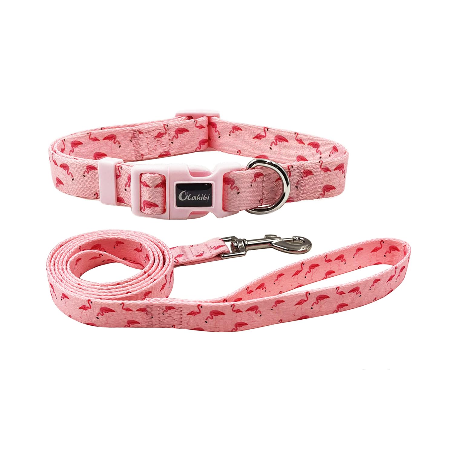 Olahibi Dog Collar Leash Combo Set, Flamingo Pattern, Polyester Webbing, Collar and 150CM Matching Leash, for Small Puppy Dogs.(XS, Pink Flamingo) — image 1