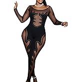 WEICHUJIAN Women Sexy Mesh Hollow One Piece Jumpsuit Party Rave With Long Sleeves Club Outfits