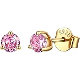 JustBeingCute 3-Prong Sterling Silver Earrings, Round CZ Colorful Stone Flat Back Studs Hypoallergenic Earrings for Women, Valentine's Day Engagement Jewelry Gifts—4/5/6/6.5/7.5/8mm