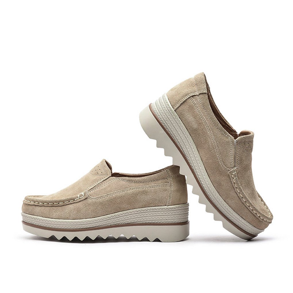 Ruiatoo Platform Shoes for Women Suede Slip On Loafers Wedge Platform Sneakers Comfort Moccasins Low Top Casual Shoes Khaki 38
