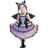 Girls Princess Gothic Lolita Dress Purple and Black Lace Skirt with Wings and Headband Halloween Outfit