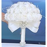 Mhojpik Bridal Wedding Bouquet Round Bling Brooch Bouquet Throw Toss Artificial Rose Flower Bunch for Bride Bridesmaid Wedding Quinceanera(Ivory, 6.3")