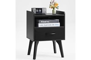 YUFAM Wooden Night Stand,Mid Century Modern Nightstand,Side Tables with Fabric Drawers and Open Storage Shelf,Bedside Table with Wood Legs,End Table for Bedroom,Sitting Room and Small Spaces (Black)
