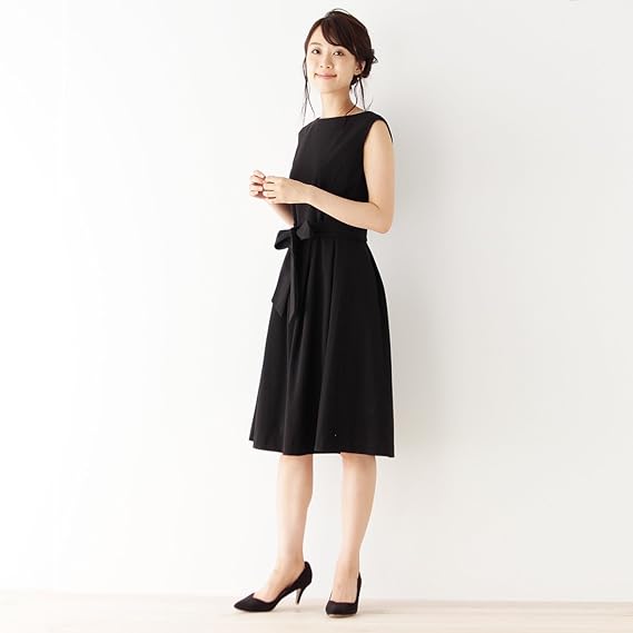 Amazon Co Jp Opaque Clip オペークドットクリップ 洗える ウエストリボン付ノースリーブタックワンピース ブラック 019 36 S 服 ファッション小物