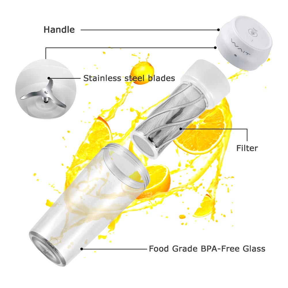 Portable Blender,Personal Blender with Filter for Shakes and Smoothie,Cordless Small Juice Cup Extractor, USB Rechargeable Juicer Detachable Fruit Mixer for Outdoor Travel Office Household Baby Food Maker (White)