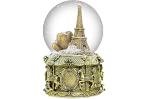 DELIWAY Eiffel Tower Snow Globe Plays 8 Classic Tunes, 100mm Music Snowglobes Carousel Horses Base Hand-Painted Collectible Gifts for Birthday Christmas